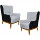 Kit 02 Poltronas Decorativa Base de Madeira Milena D02 Linho Cinza C-315 Corano Preto - Lyam Decor