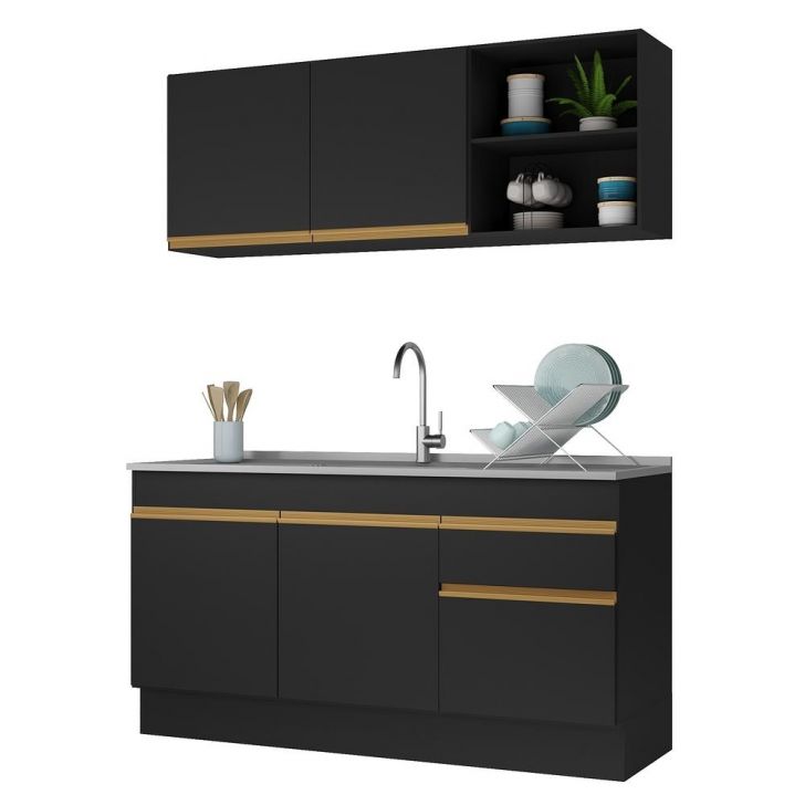 Armário de Cozinha Compacta 150cm com Rodapé Veneza Multimóveis V2114 Preto/Dourado