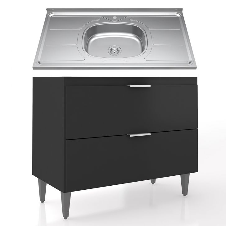Balcão de Cozinha Com Pia Inox 100cm Pérola Z34 Preto       - Mpozenato