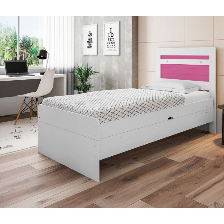 Cama Baú Solteiro Larissa Branco e Rosa com Colchão