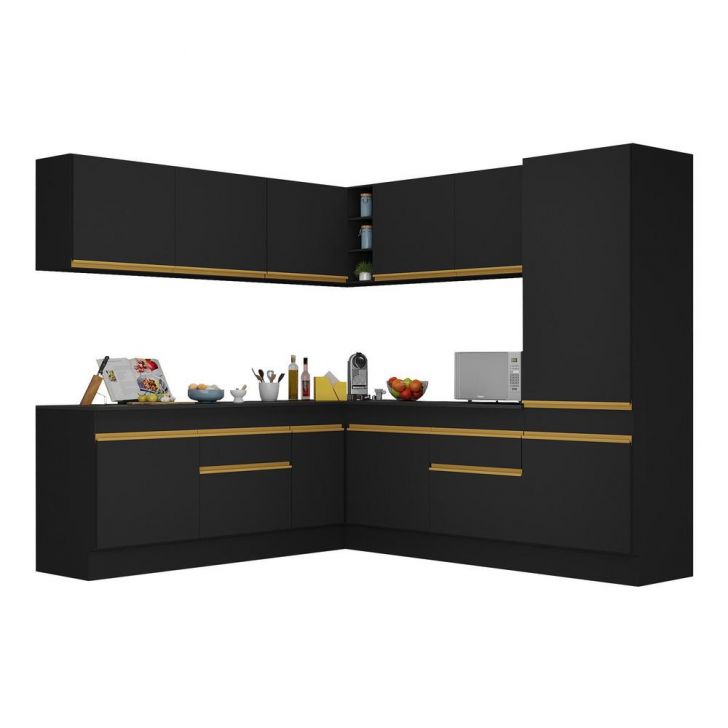 Armário de Cozinha Completa de Canto com Rodapé Veneza Multimóveis V2101  Preto/Dourado