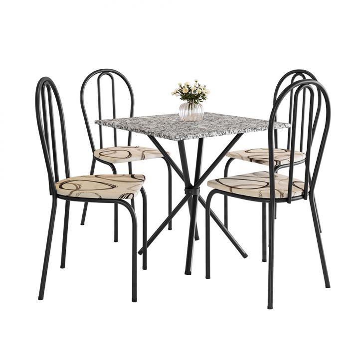 Conjunto de Mesa Quadrada com Tampo Granito e 4 Cadeiras Léia Revestimento Sintético Preto e Cedro