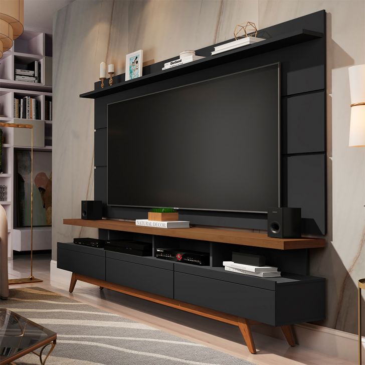 Rack Com Painel Para Tv Até 72 Polegadas Vivare Preto E Freijó 180 Cm