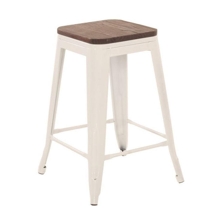 Banqueta média Iron Tolix com assento de madeira rústica escura 61 cm Branco