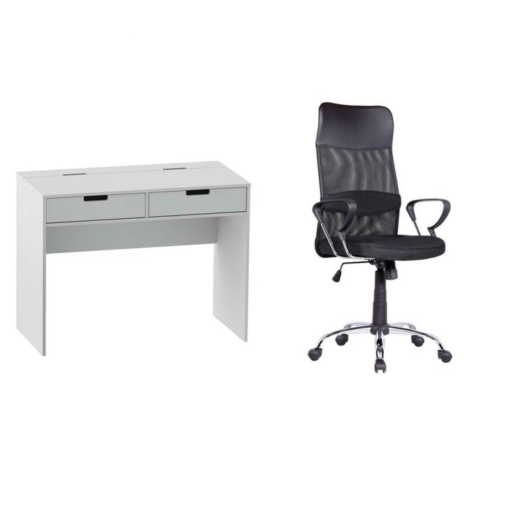 Conjunto de Mesa New Branca com Cadeira de Escritório Diretor Giratória Vancouver II com Braços Preta