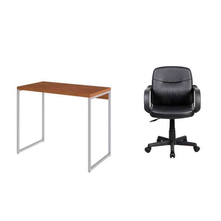 Conjunto de Mesa Studio Mel e Branca com Cadeira de Escritório Secretária Giratória Clean Preta