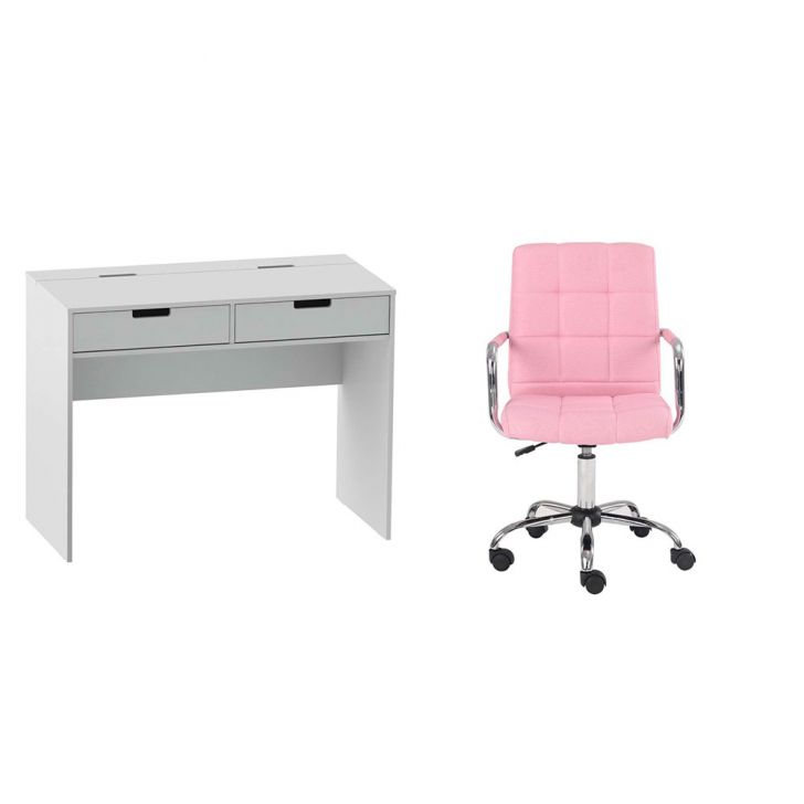 Conjunto de Mesa New Branca com Cadeira de Escritório Secretária Giratória Fitz Rosa