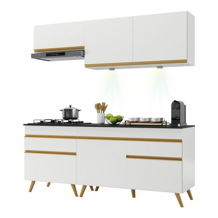 Armário de Cozinha Compacta 190cm com Leds Veneza Up Multimóveis V2030 Branco/Dourado