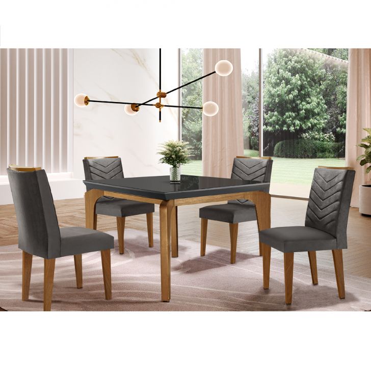 Conjunto De Mesa De Jantar Retangular Com Tampo De Vidro E 4 Cadeiras Turquesa Veludo Grafite E Imbuia