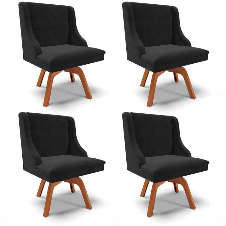 Kit 4 Cadeiras Estofadas Base Giratória de Madeira Lia Suede Preto - Ibiza