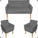 Kit Namoradeira + 2 Poltronas Decorativas Para Sala Nina Com Base E Capitonê Suede Cinza Pé Castanho