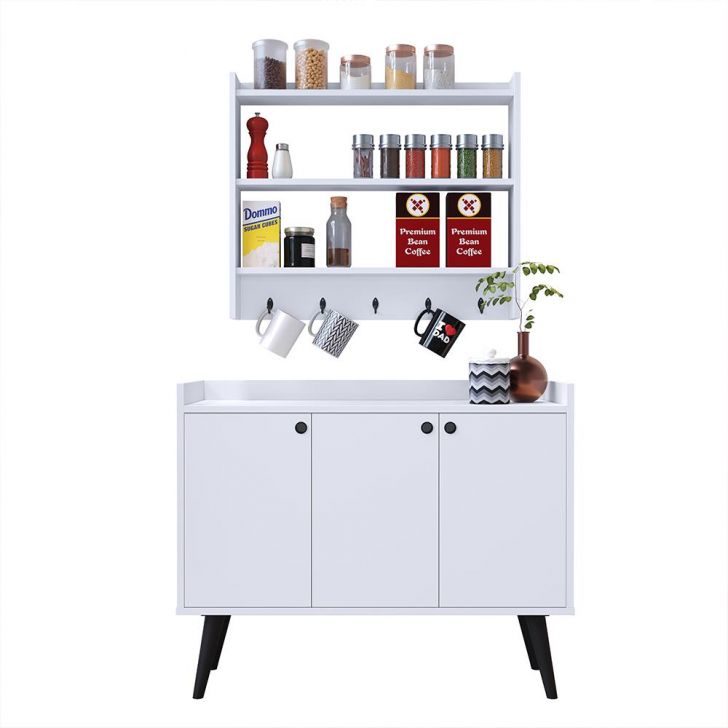 Kit Casa Completa Aparador Buffet 3 Portas Pés Palito Wood New Armário Suspenso Prateleiras Ganchos Organizadores Amélia - Branco - RPM Móveis