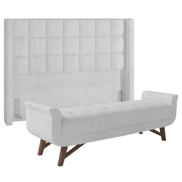 Cabeceira Cama Box King 195cm Pisa e Recamier Neville P02 Bouclé Branco - Mpozenato