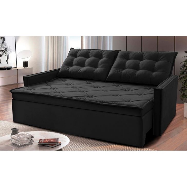 Sofá Sem Caixa Retrátil e Reclinável 1,65m Cama inBox Studio Suede Velusoft Preto