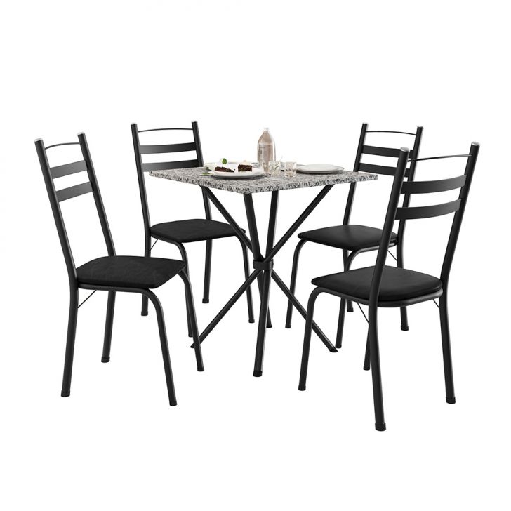 Conjunto de Mesa Quadrada com Tampo Granito e 4 Cadeiras Léia II Revestimento Sintético Preto