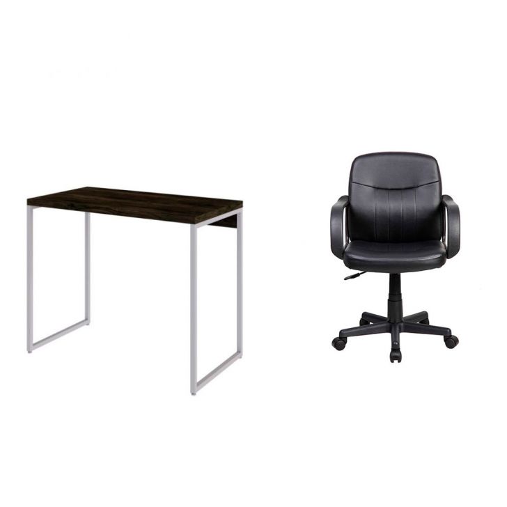 Conjunto de Mesa Studio Carvalho Dark e Branca com Cadeira de Escritório Secretária Giratória Clean Preta