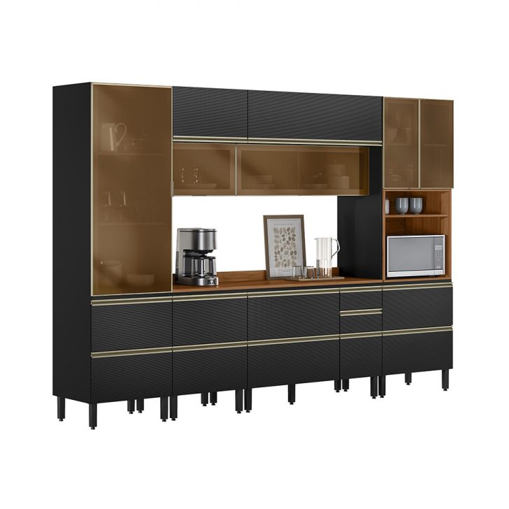 Armário de Cozinha Compacta com 5 Vidros Reflecta Proença 9 Portas 11 Gavetas Carbono e Nogueira