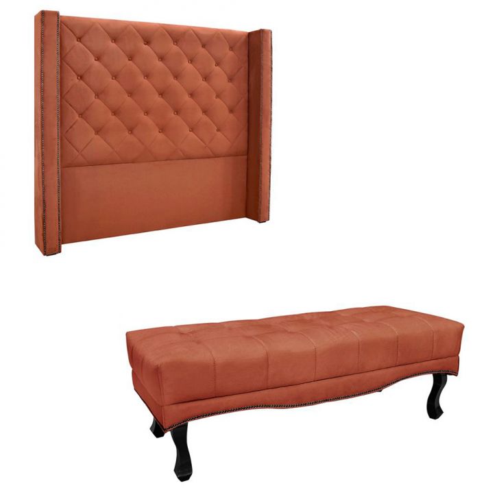 Conjunto de Cabeceira Solteiro com Recamier Vicenza Veludo Cobre