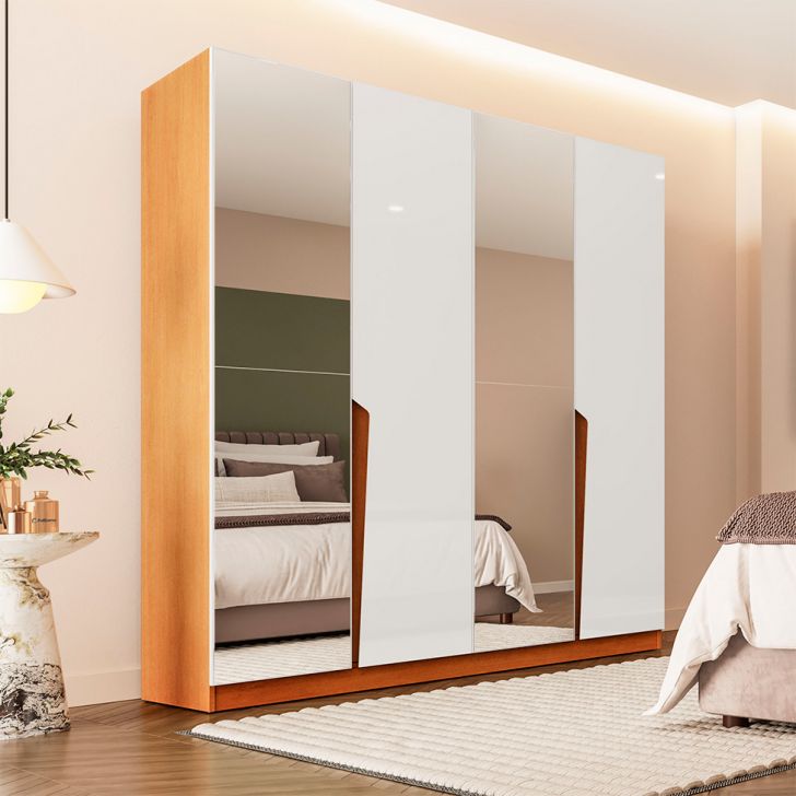 Guarda-roupa Casal Com Espelho Porto 4 Portas 4 Gavetas Freijó E Branco