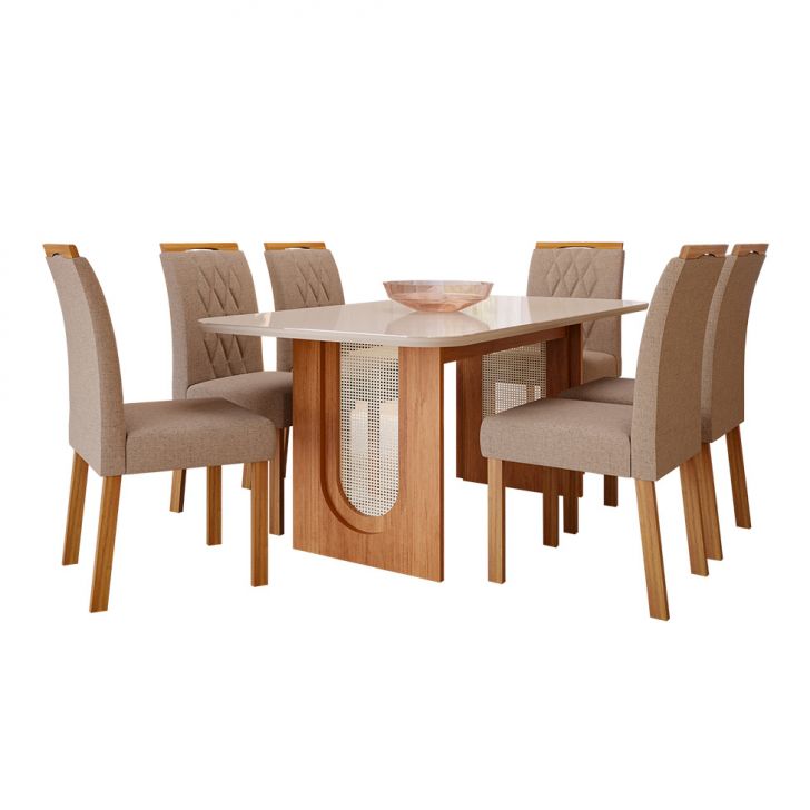Image of Conjunto De Mesa De Jantar Retangular Com Tampo De Vidro Off White Valentina E 6 Cadeiras Juliana Linho Bege E Cinamomo PLA-MO895TA81DPEMOB
