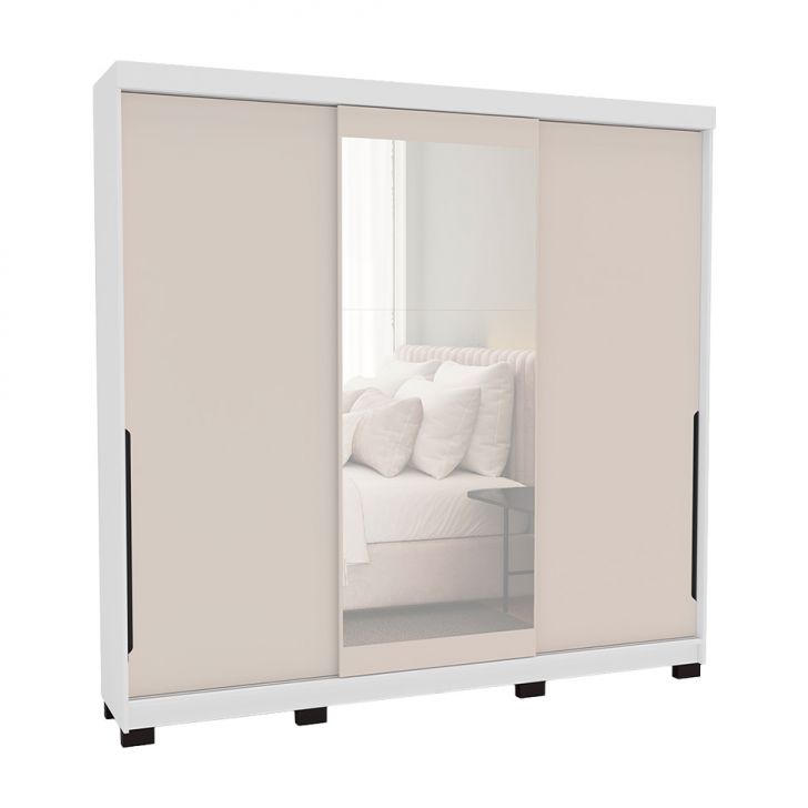 Guarda-roupa Casal Com Espelho Madrid 3 Portas 2 Gavetas Branco E Creme