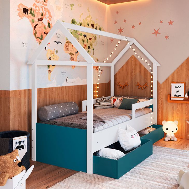 Cama Infantil Montessoriana Miney 2 Gavetas Branco e Azul