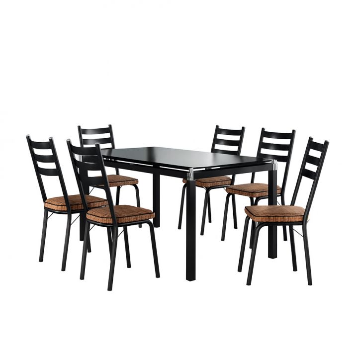 Conjunto De Mesa Retangular Com Tampo De Vidro Malva E 6 Cadeiras New Revestimento Sintético Rattan E Preto