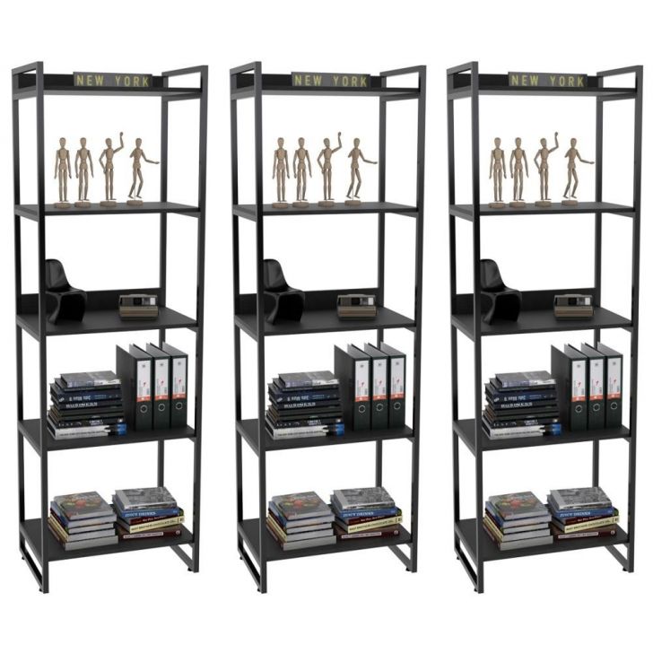 Kit 3 Estantes Livreiro Multiuso Prisma Estilo Industrial 60cm 5 Prateleiras C08 Preto Onix - Mpozenato