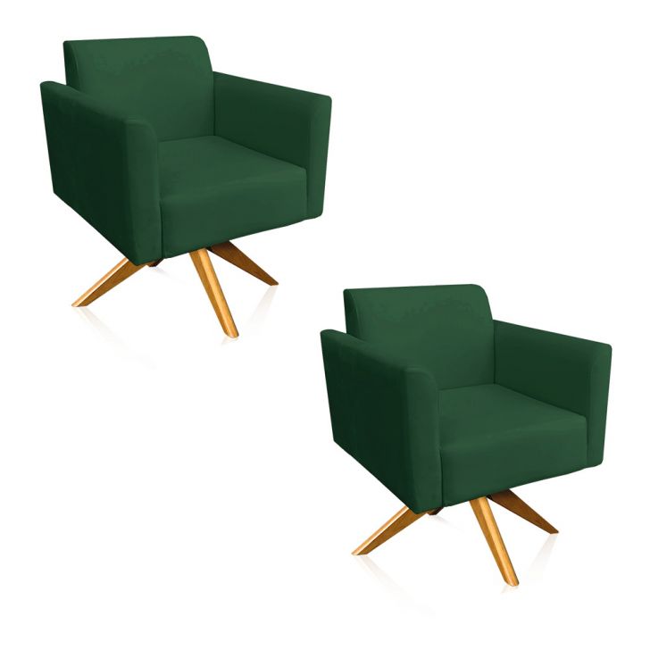 Kit 02 Poltronas Giratória Marisa Suede Verde Base Madeira MA30 D'Rossi