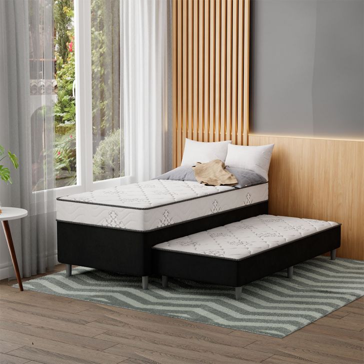 Cama Box Conjugada Solteiro Premier Unibox Molas Ensacadas (63x88x188) Com Cama Auxiliar Preta 