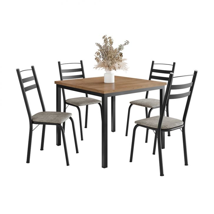 Conjunto De Mesa Quadrada Com Tampo De Mdp Amadeirado E 4 Cadeiras Adriana Revestimento Sintético Cinza Claro E Preto