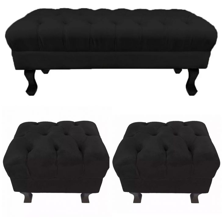 Kit 01 Puff Calçadeira Retrô 1,00 Metro Luis Xv Mais 02 Puffs 50X40 cm Capitonê Suede Preto - DS Estofados