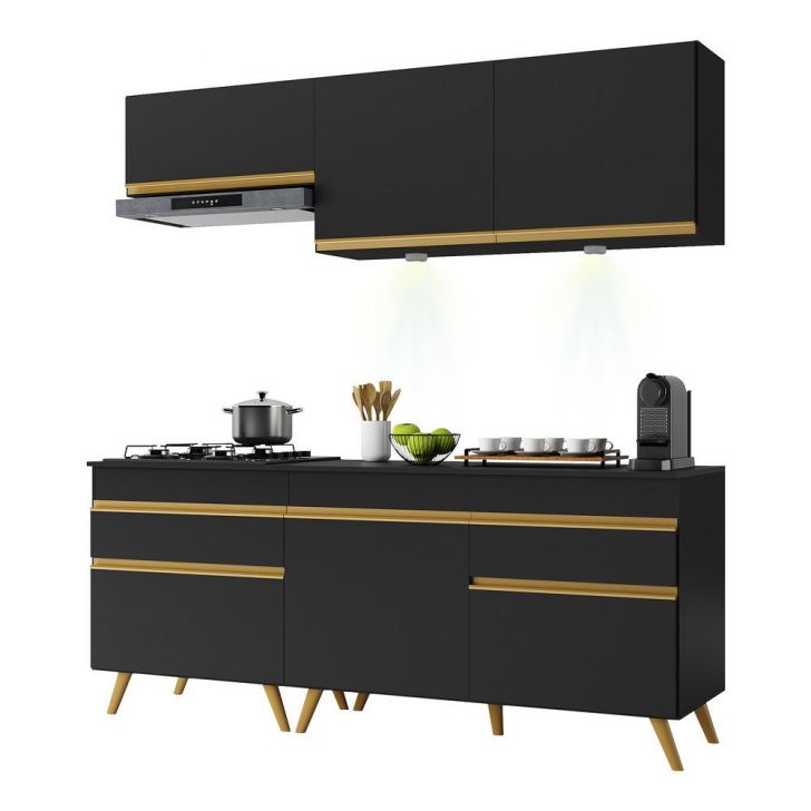 Armário de Cozinha Compacta 190cm com Leds Veneza Up Multimóveis V2030 Preto/Dourado