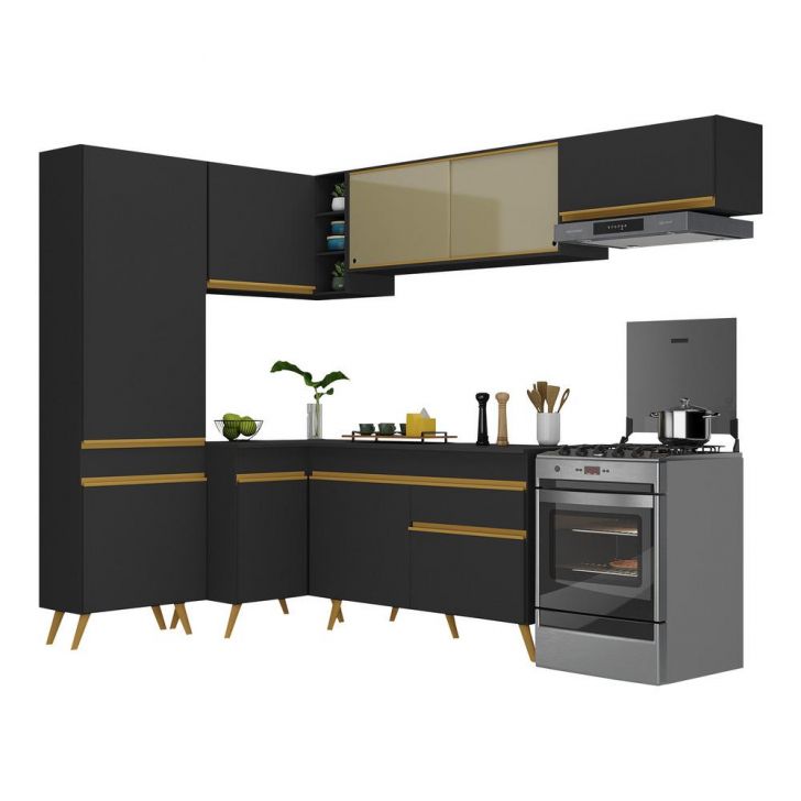 Armário de Cozinha Completa de Canto Veneza Multimóveis V2052  Preto/Dourado