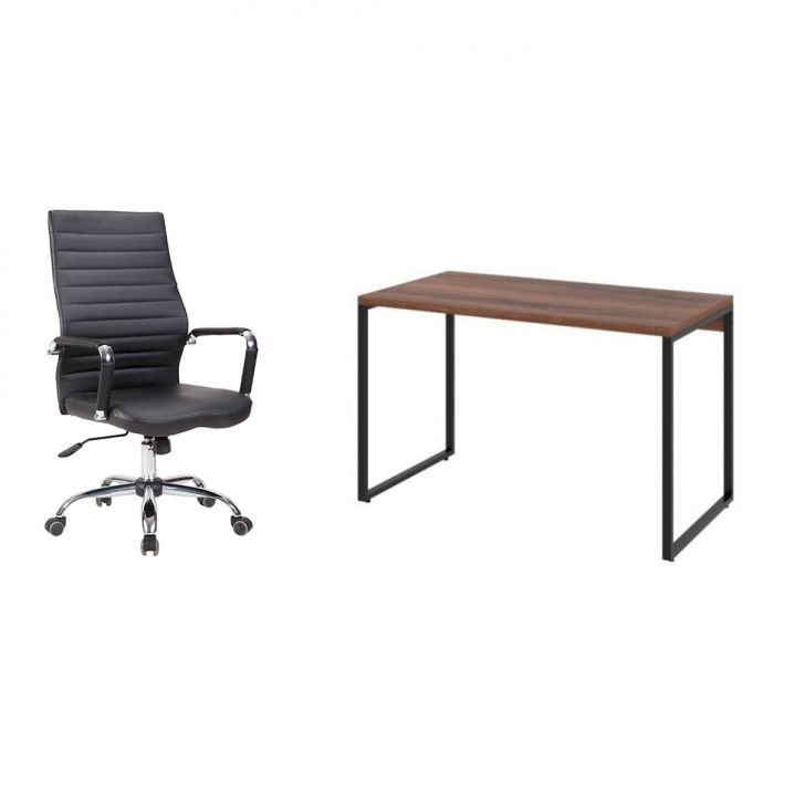 Conjunto de Mesa Kuadra Nogal 120 cm com Cadeira de Escritório Diretor Giratória Cleaner Preta