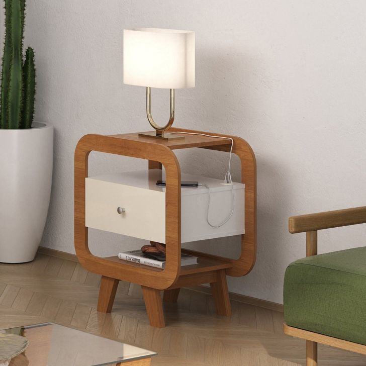 Mesa de Apoio Lateral com USB Artely Theo Cinamomo/Off White