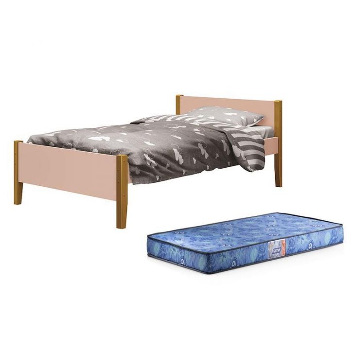 Cama Solteiro Simba Rosa Fosco com Pés Amadeirado e Colchão D20 - Reller Móveis