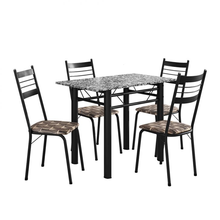 Conjunto De Mesa Retangular Com Tampo De Granito E 4 Cadeiras Palma Revestimento Sintético Mosaico Palha E Preto 100 Cm
