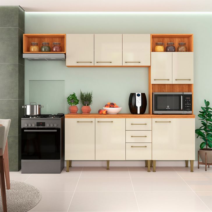 Cozinha Compacta com Tampo Malu 9 Portas 2 Gavetas Cinamomo e Off White