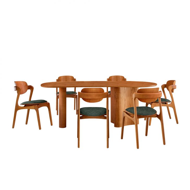 Mesa De Jantar Orgânica Savana Com Tampo Laminado E 6 Cadeiras Savana Gold Veludo Jade E Imbuia Natural