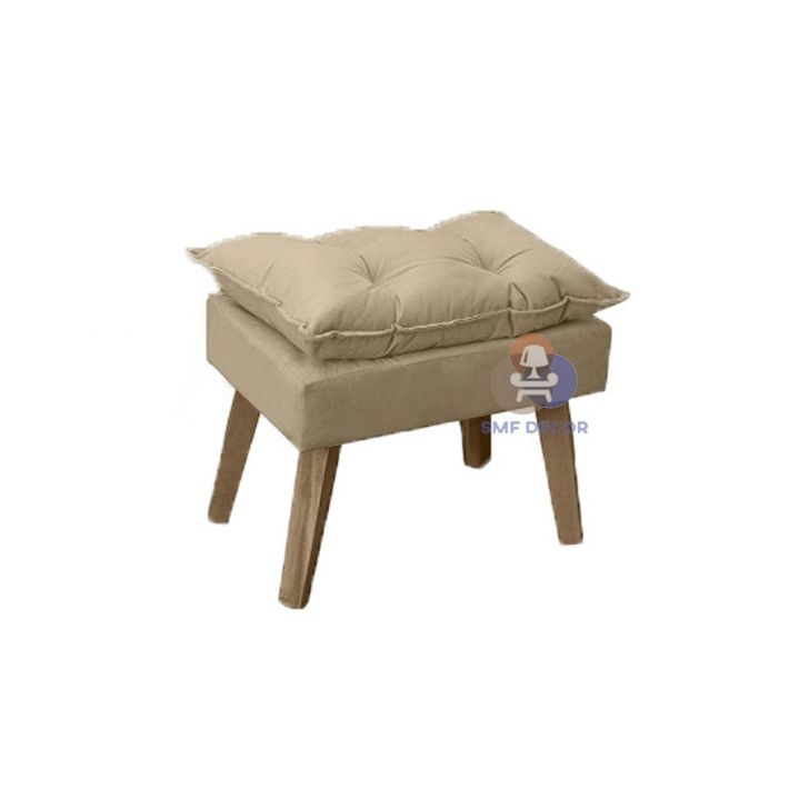 Puff Banqueta Decorativa Glamour Bege Linho Com Pés Quadrado Bege Linho