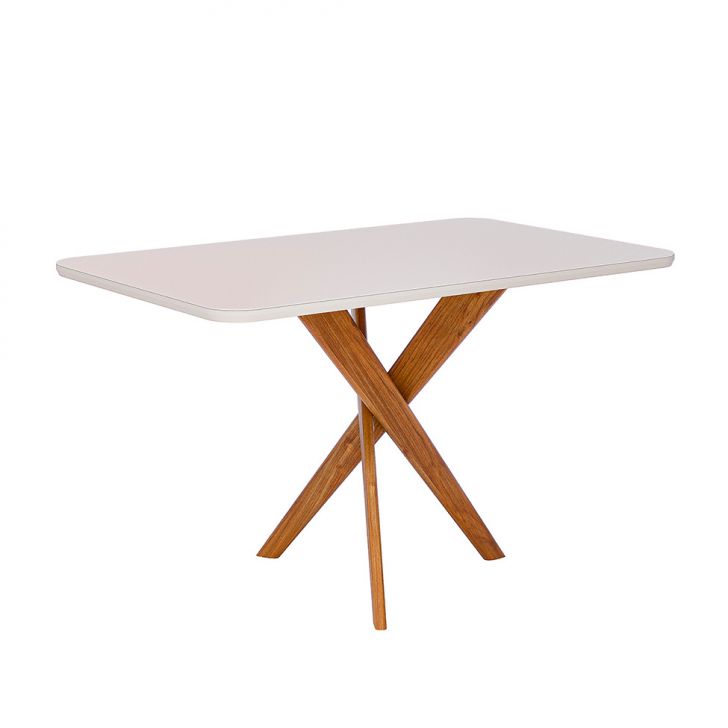 Mesa de Jantar Retangular com Tampo de Vidro Cacau Off White e Madeira 130 cm