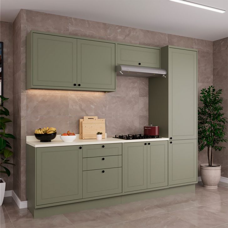 Cozinha Compacta Évora com Tampo para Cooktop 8 Portas 3 Gavetas Verde Hill