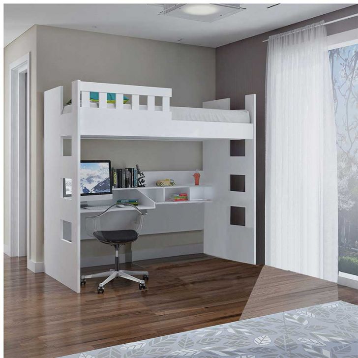 Cama Alta Com Escrivaninha 3 Nichos Branco - Foscarini