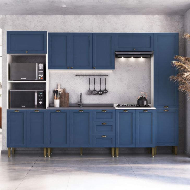 Cozinha Compacta Lavanda 13 Portas 3 Gavetas Azul e Branco