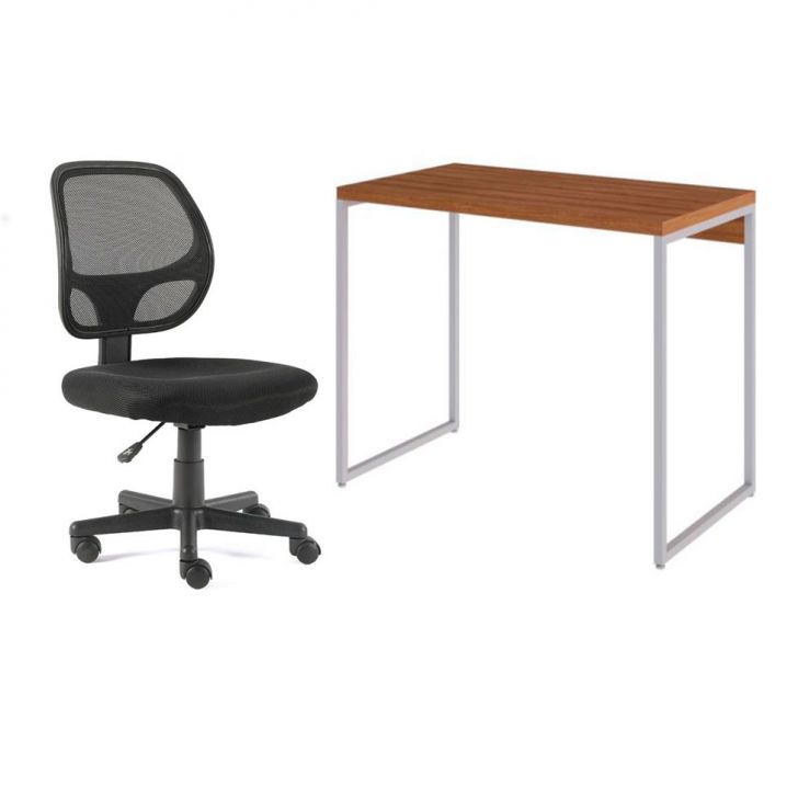 Conjunto de Mesa Studio Mel e Branca com Cadeira de Escritório Secretária Giratória Oxford Preta