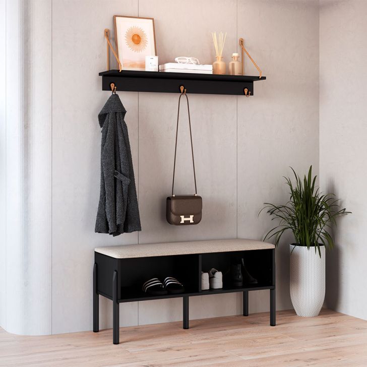 Conjunto de Banco | Banqueta Sapateira com Prateleira Oslo Nero e Preto