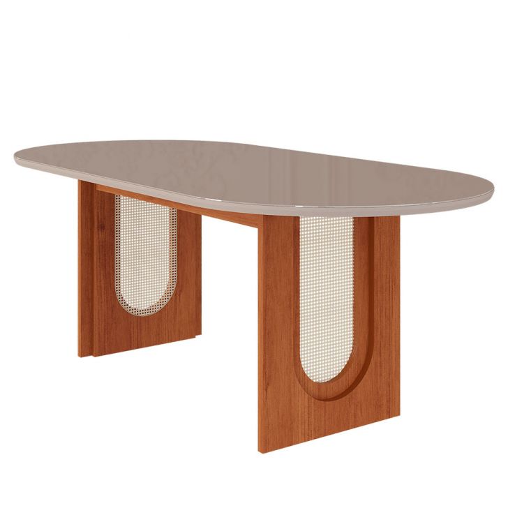 Mesa de Jantar Oval com Tampo de Vidro Valentina Cinamomo e Off White 210 cm