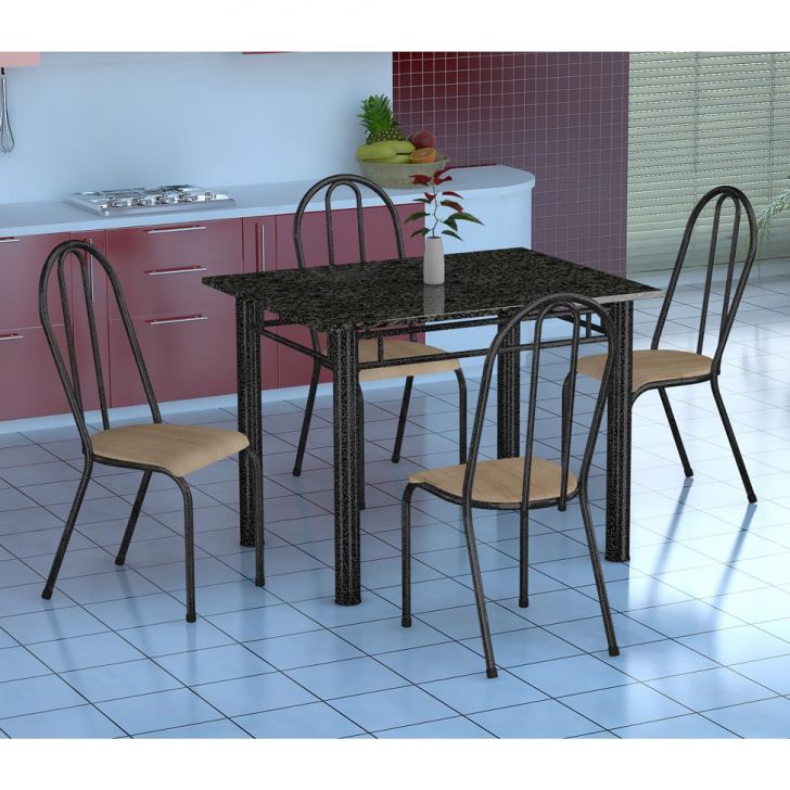 Conjunto De Mesa Genova Com 4 Cadeiras Alicante Preto Prata E Nature Bege