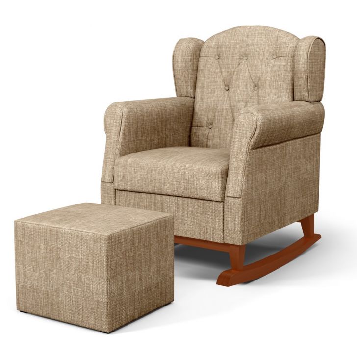 Poltrona Amamentação Base Madeira Balanço e Puff Letícia Linho Bege Escuro - Phoenix